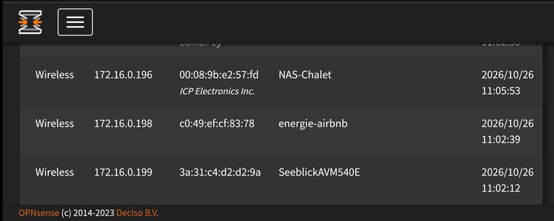 screenshot aus der Leases-Table der OPNSense in der der Tasmota ESP32 als Host energie-airbnb auftaucht